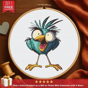Patrón de punto de cruz de pájaro azul divertido, bordado de animales de dibujos animados en PDF, arte de aro divertido, descarga digital para Aida de 14 ct.