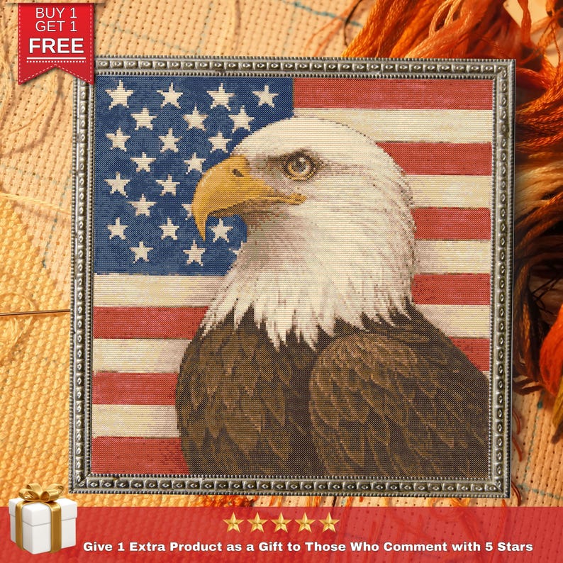bald eagle cross stitch pattern with USA flag background, patriotic embroidery PDF for 4th of July decor