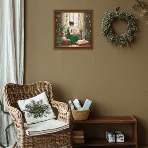 girl embroidering by window cross stitch pattern, cozy room with cat and plants, peaceful handmade home scene