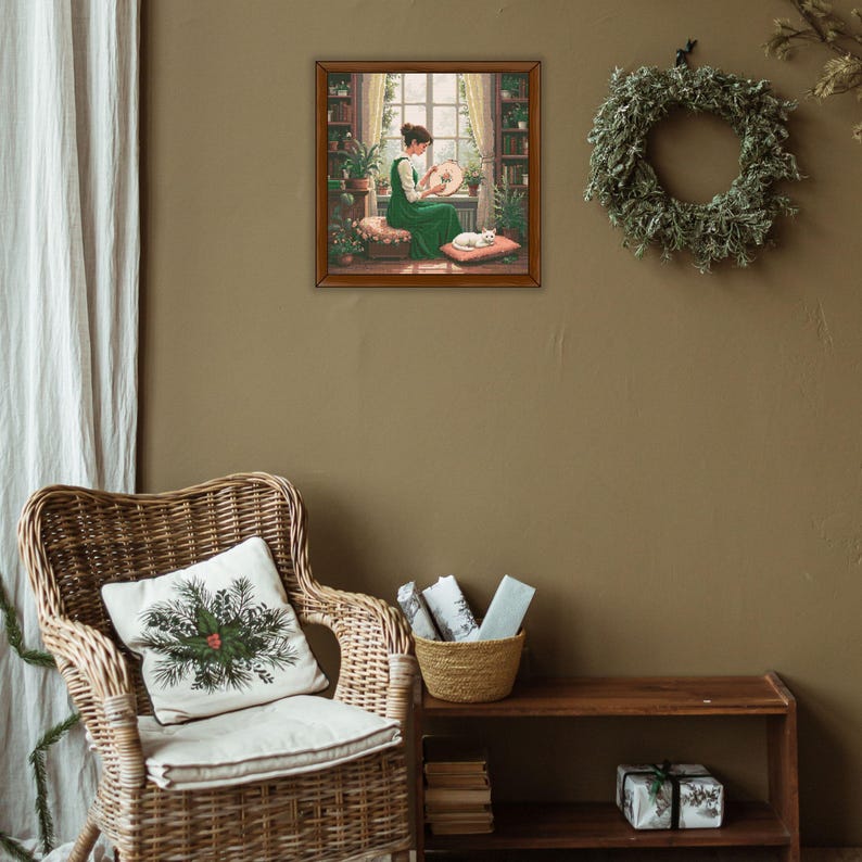 girl embroidering by window cross stitch pattern, cozy room with cat and plants, peaceful handmade home scene