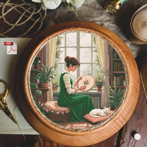girl embroidering by window cross stitch pattern, cozy room with cat and plants, peaceful handmade home scene