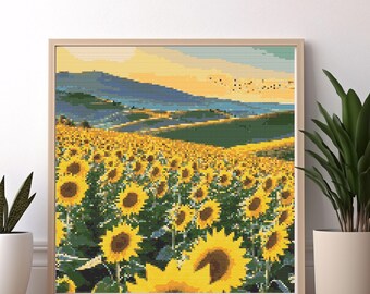 ひまわり畑のクロスステッチパターン、デジタル刺繍風景、田舎の夏の