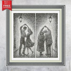 Puede incluir: Impresión en blanco y negro enmarcada que representa a dos parejas bailando bajo farolas. La primera pareja es joven, la segunda es mayor. La obra de arte es de estilo pluma y tinta, con una oferta de Compre 1 y obtenga 1 gratis.
