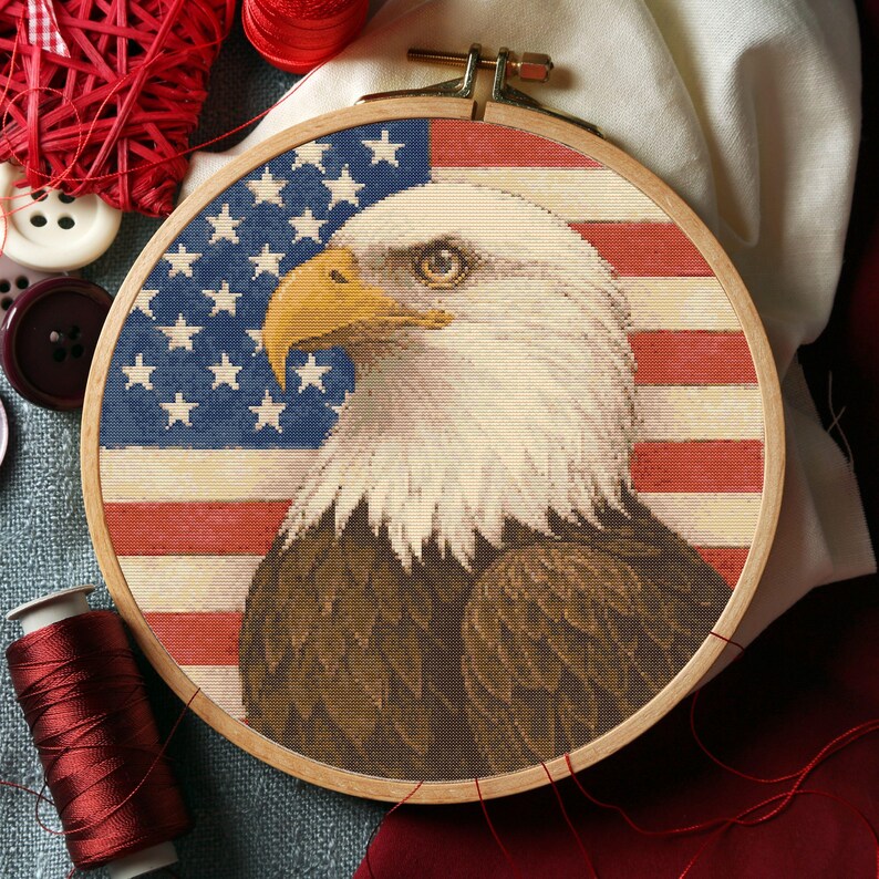 bald eagle cross stitch pattern with USA flag background, patriotic embroidery PDF for 4th of July decor