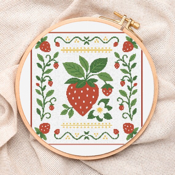 Strawberry Cross Stitch Pattern: Cottagecore Fruit Embroidery (PDF