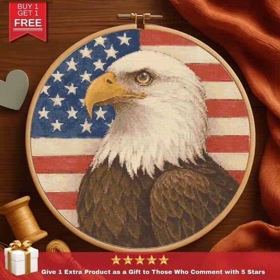 Bald Eagle Cross Stitch Pattern: Patriotic American Flag Embroidery (PDF Files Included)