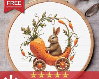 Primitive Bunny Cross Stitch Pattern: Easter Carrot Carriage (PDF Download)