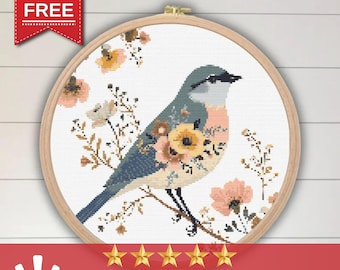 Flower Winter Bird Cross Stitch Pattern PDF, Cozy Songbird Embroidery For Nature And Bird Lovers