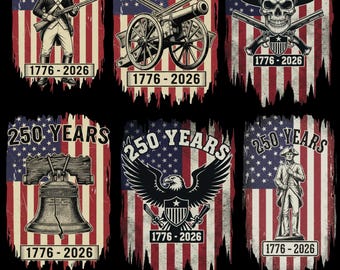 USA 250 år PNG-paket – 6 vintage patriotiska mönster, 1776–2026 Distressed Flag Set