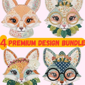 Może przedstawiać: Cztery kolorowe wzory głów lisów z kwiatowymi i wzorzystymi tkaninami. Każdy lis ma unikalne detale, w tym okulary, kwiatowe korony i akcenty liści. Tekst "4 PREMIUM DESIGN BUNDLE" jest wyświetlany w żółtym banerze.