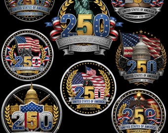 Paquete de 250 insignias de Estados Unidos, 8 diseños PNG del aniversario de EE. UU. de 1776 a 2026