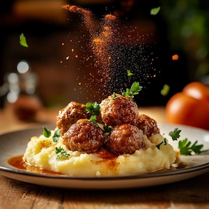 Receita de Almôndegas Douradas com Purê de Batatas e Abóbora Assada