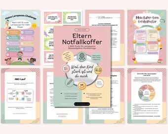 May include: A collection of educational posters and guides with pastel pink and yellow backgrounds. The central poster is titled "Eltern Notfallkoffer" and features the text "Weil dein Kind stark ist und du auch." Other posters include "Meine Lernpause-Challenge" and "Mein Super-Lern ErfolgsPoster."