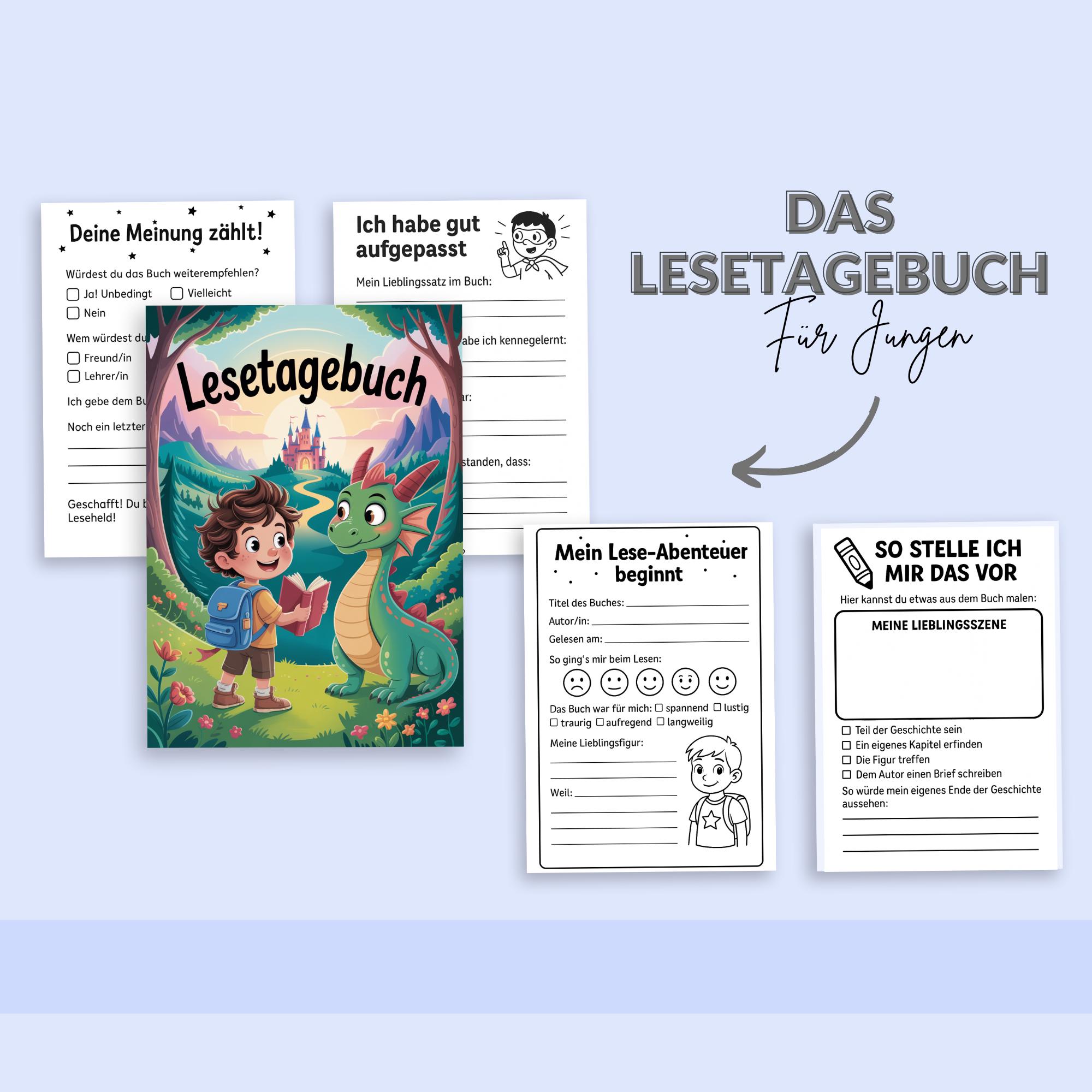 Puede incluir: Un diario de lectura para niños con una colorida portada que presenta a un niño y un dragón. El diario incluye páginas para completar para reseñas de libros e indicaciones de dibujo. El texto en la portada dice "Lesetagebuch".