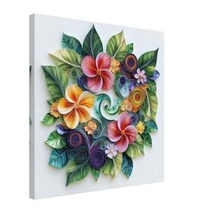 Tropical Bloom, Paper Quilling Artwork of Colorful Flowers and Leaves, Quilled Paper Design Canvas Print, #paperquilling