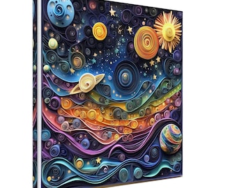 May include: A colorful paper art piece depicting a galaxy with planets, stars, and swirling nebulae. The artwork is made with intricate paper rolls and curls, creating a 3D effect.
