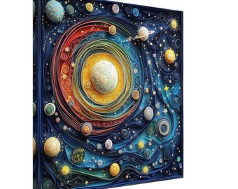 May include: A colorful paper art piece depicting a galaxy with a central swirling nebula and multiple planets in shades of blue, yellow, and green.
