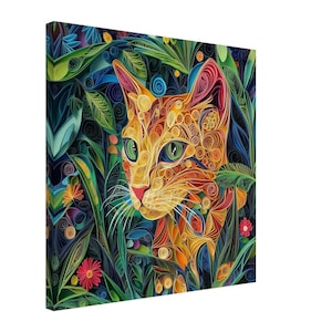 Gatto della giungla, opera d'arte di un gatto selvatico realizzata con la tecnica del quilling su carta, stampa su tela con disegno realizzato con la tecnica del quilling, #paperquilling