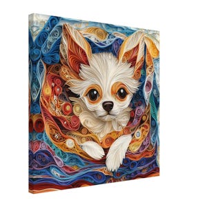 Chihuahua coccolato, opera d'arte di un cane accogliente realizzata con la tecnica del quilling su carta, stampa su tela con disegno realizzato con la tecnica del quilling, #paperquilling