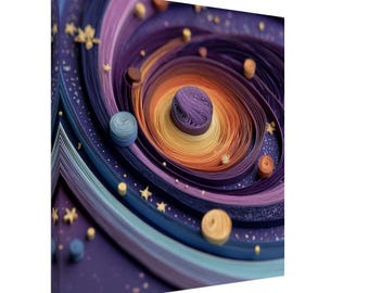 May include: A canvas art piece depicting a colorful galaxy or nebula. The artwork features swirling patterns in shades of purple, orange, and blue, with small star-like accents. The piece has a three-dimensional appearance, with layered paper or fabric.