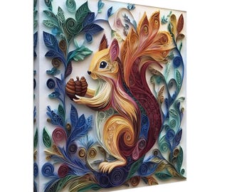 Autumn Squirrel, Paper Quilling Artwork of a Squirrel in an Autumn Forest, Quilled Paper Design Canvas Print, #paperquilling