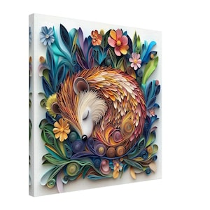 Riccio assonnato, opera d'arte di un riccio addormentato realizzata con la tecnica del quilling, stampa su tela con disegno su carta quilling, #paperquilling