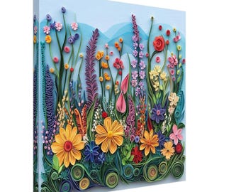 Blossoming Meadow, Paper Quilling Artwork of Wildflowers, Quilled Paper Design Canvas Print, #paperquilling