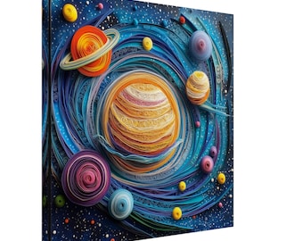 May include: A colorful paper quilling artwork depicting a galaxy with planets and stars. The planets are made of paper rolls and are arranged in a spiral pattern. The background is a dark blue with white stars.