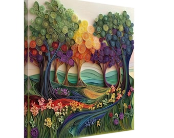 Rainbow Grove, oeuvre d'art en papier quilling d'arbres et de fleurs colorés, impression sur toile en papier quilling, #paperquilling