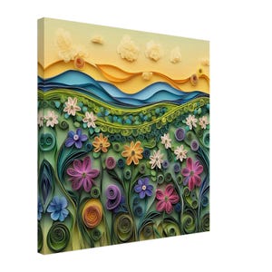 Springtime Bloom, Paper Quilling Artwork of Floral Field, Quilled Paper Design Canvas Print, #paperquilling