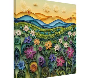 Springtime Bloom, Paper Quilling Artwork of Floral Field, Quilled Paper Design Canvas Print, #paperquilling
