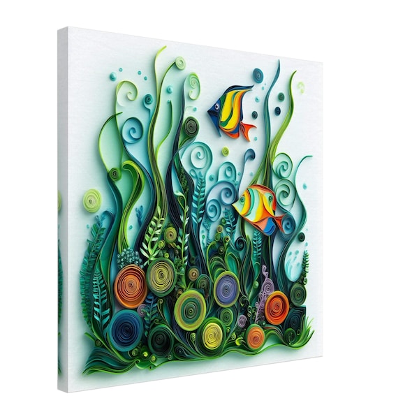 Tropical Reef, Paper Quilling Artwork of Colorful Fish and Sea Plants, Quilled Paper Design Canvas Print, #paperquilling