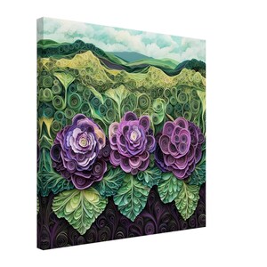 Rolling Hills and Cabbage Blooms, Paper Quilling Artwork of Cabbages with Mountain Views, Quilled Paper Design Canvas Print, #paperquilling