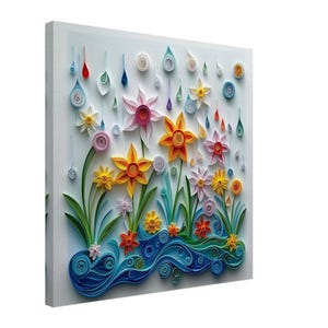 Spring Blossom, Paper Quilling Artwork of Colorful Flowers and Water Drops, Quilled Paper Design Canvas Print, #paperquilling