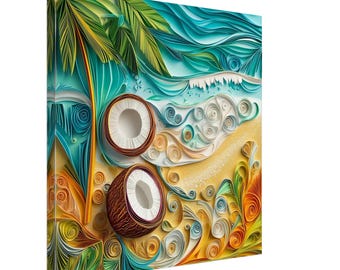 Tropical Breeze, Paper Quilling-kunstwerk van kokosnoten en strandgolven, canvasontwerp met gequilleerd papier, #paperquilling