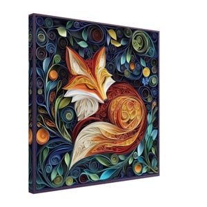 Volpe graziosa, opera d'arte di una volpe addormentata realizzata con la tecnica del quilling su carta, stampa su tela con disegno realizzato con la tecnica del quilling, #paperquilling