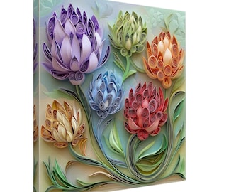 Fleurs colorées, oeuvre d'art en papier quilling de fleurs vibrantes, impression sur toile en papier quilling, #paperquilling