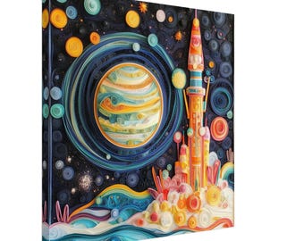 May include: A colorful paper quilling artwork depicting a rocket ship launching into space. The rocket is surrounded by swirling blue and white clouds, and a large planet with orange and yellow rings. The background is a dark blue with white stars.