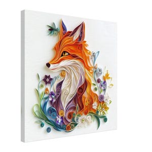 Volpe Vibrante, Opera d'Arte di Quilling su Carta raffigurante una volpe tra i fiori, Stampa su Tela con Disegno su Carta Quilling, #paperquilling