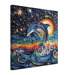Danza del delfino sotto le stelle, opera d'arte di un delfino che salta nell'oceano realizzata con la tecnica del quilling, stampa su tela con disegno su carta quilling, #paperquilling