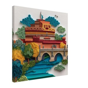 Castel Sant'Angelo, opera d'arte di Paper Quilling raffigurante un monumento e un ponte romano, stampa su tela con disegno di carta quilling, #paperquilling