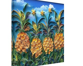 Gequilleerde ananas in bloei, papier filigraan kunstwerk ananas met felgele bloemen, gequilleerd papierontwerp canvasafdruk, #paperquilling