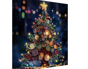 Festive Christmas Tree, Paper Quilling Artwork of a Colorful Christmas Tree with Lights, Quilled Paper Design Canvas Print, #paperquilling