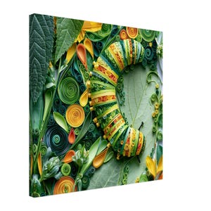May include: A paper quilling art piece featuring a curved caterpillar made of tightly coiled strips of yellow, orange, and green paper. The caterpillar rests on a background of layered green paper leaves and additional circular paper coils.