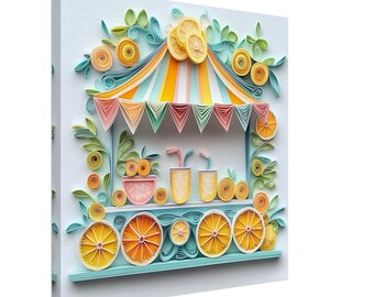 Puesto de limonada refrescante, ilustración de un colorido puesto de limonada en papel filigranado, impresión en lienzo con diseño de papel filigranado, #paperquilling