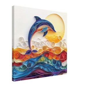 Alba con delfini, opera d'arte di un delfino che salta tra le onde realizzata con la tecnica del quilling, stampa su tela con disegno realizzato con la tecnica del quilling, #paperquilling