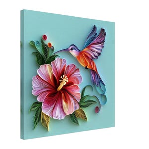 Colibri et hibiscus, oeuvre d'art en papier quilling d'un colibri et d'une fleur vibrants, impression sur toile en papier piquant, #paperquilling