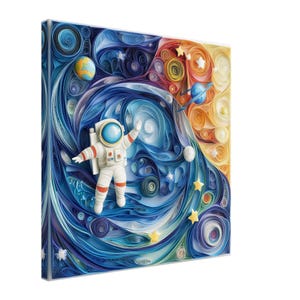 Esplorazione spaziale, opera d'arte di un astronauta che fluttua nello spazio realizzata con la tecnica del quilling, stampa su tela con disegno su carta quilling, #paperquilling