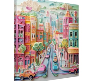 Vibrant City Day, Paper Quilling Artwork of Urban Scene, Quilled Paper Design Canvas Print, #paperquilling
