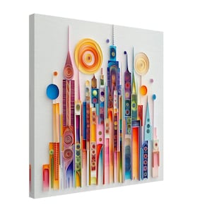 City of Colors, Paper Quilling Artwork of a Vibrant Skyline, Quilled Paper Design Canvas Print, #paperquilling